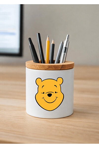 Eylül Design حامل أقلام سيراميك ويني ذا بوه مطبوع مع تفاصيل خشبية لسطح المكتب