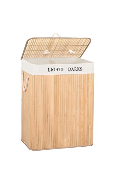 SERSIMO Laundry basket with lid and 2 compartments, 52x33x63 cm, bamboo/ecru