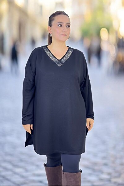 yagmurberen Stone Embellished V-Neck Slit Long Loose Fit Viscose Fabric Extra...