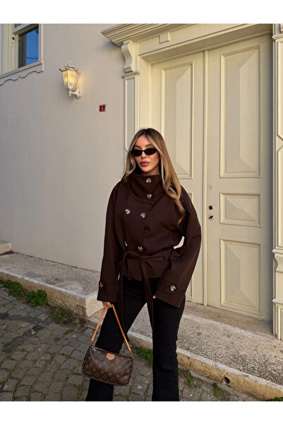 Laluvia Trench coat maro cu curea, guler ridicat piese - 501326