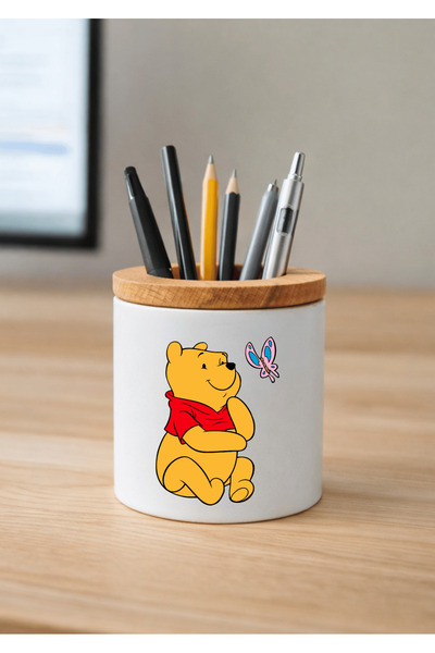 Eylül Design حامل أقلام سيراميك ويني ذا بوه مطبوع مع تفاصيل خشبية لسطح المكتب