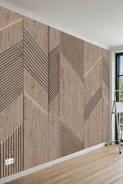 MİRAZAWALL Ahşap Doku ve Geometrik Çıta Desenli Tek Parça Tekstil Duvar Kağıdı