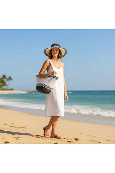 Bay Şapkacı Women's Striped Straw Beach Hat Bag and Sun Hat Set of 2 7031