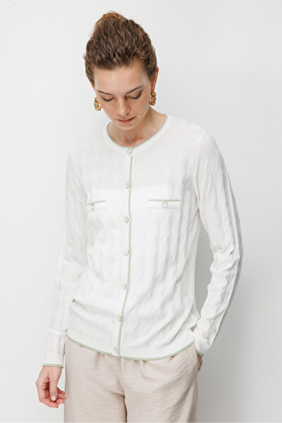 Desen Triko Women's Zero Collar Small Diamond Patterned Fine Knit Cardigan Bone