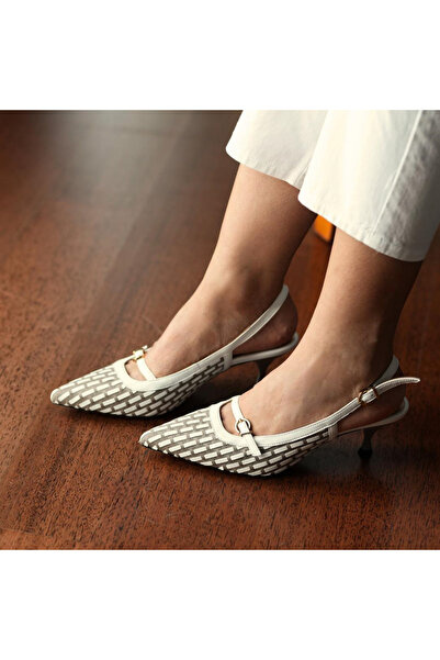 Platin Mink White Leather Knitted Women's Back Open Heeled Shoes