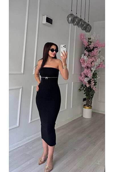 Daves Strapless Zip Detail Midi Black Knitted Fabric Slit Dress