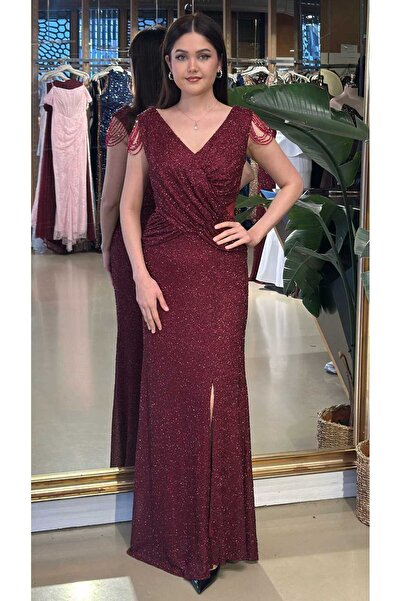 Abiyeniall Bordo V Yaka Kalın Askı Yırtmaçlı Düz Kesim Likralı Pullu Boncuklu...