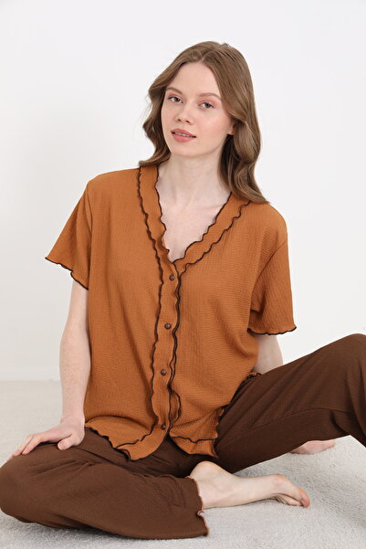 ELİTOL Bürümcük Knitted Short Sleeve Women's Buttoned Pajama Set