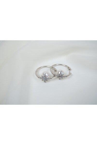 ATELİER TUĞBA Kp294 Star Figure Pearl Hoop Earrings Silver (Diameter 20 mm)