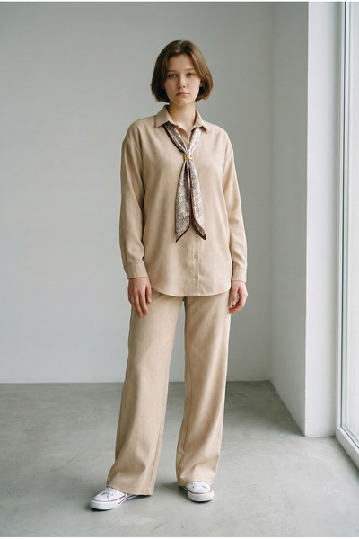 NERATHIS Women's Slim Tencel Washable Denim Shirt and Pants Two-Piece Set - B...