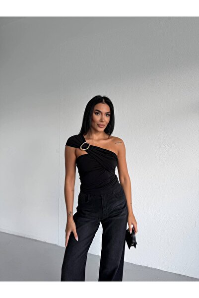 SİROZZİ Kadın Tek Omuz Tokalı Drapeli Bluz Şık Sandy Kumaş Slim Fit Abiye Üst