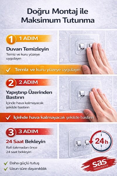 Sas Haus Banyo Rafı Yapışkanı Delmeden Montaj – Şampuanlık ve Banyo Köşelik İçin Güçlü Yapışkan 2 adet.