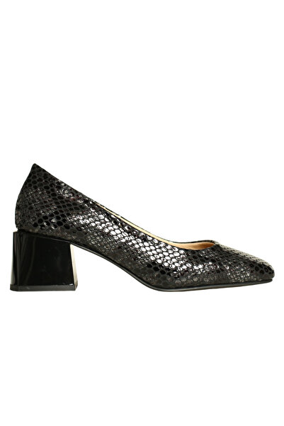 Platin Gray Black Patent Leather Print Leather Women's Heeled Shoes
