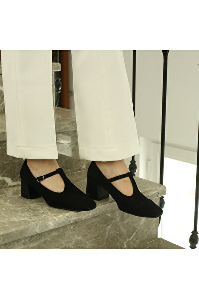 Platin Black Suede Striped Women's Heeled Shoes