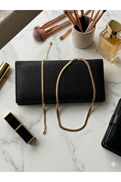 Zaman Kutusu Women's Black Wallet and Gold Color Herringbone Necklace-Bracele...