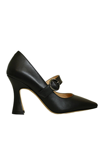 Platin Black Leather Women's Heeled Shoes