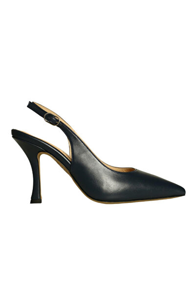 Platin Navy Blue Leather Women's Open Back Heeled Shoes