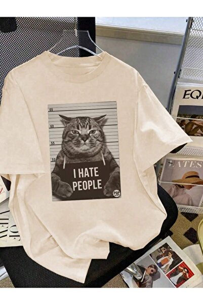 Velostra Unisex I Hate People Cat με τύπωμα oversized Άνετο μπλουζάκι από χτε...