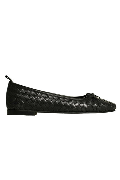 Platin Black Leather Knitted Bow Ballet Flats