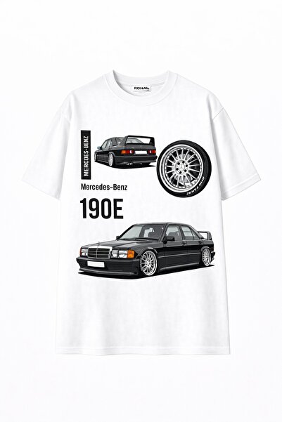 TshirtLab Mercedes-Benz E190 Baskılı Oversize Beyaz Unisex Tşhirt