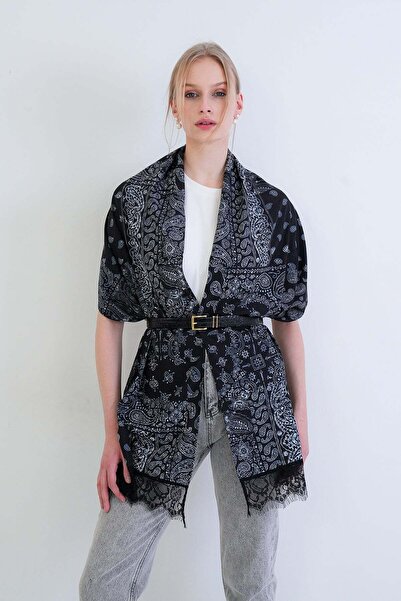 Trend Alaçatı Stili Μαύρο υφαντό σάλι με έθνικ σχέδια και δαντέλα