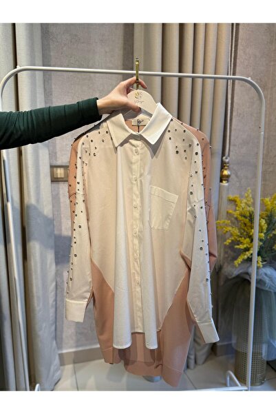 Tığ Triko 3072 Arkası Triko Kombinli Omuzları Taşlı Gömlek Pudra