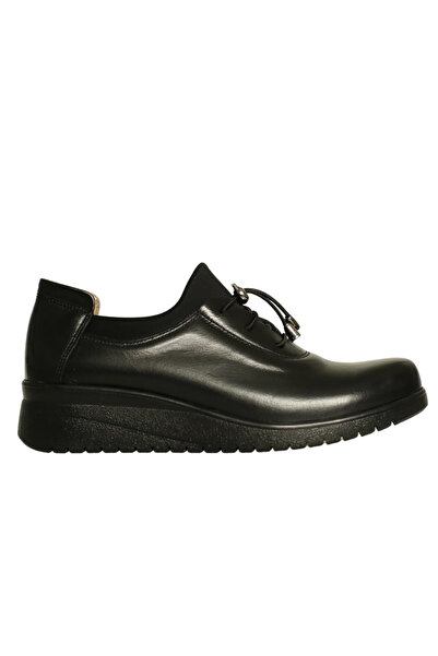 Platin Black Leather Women's Wedge Heel Comfort Shoes