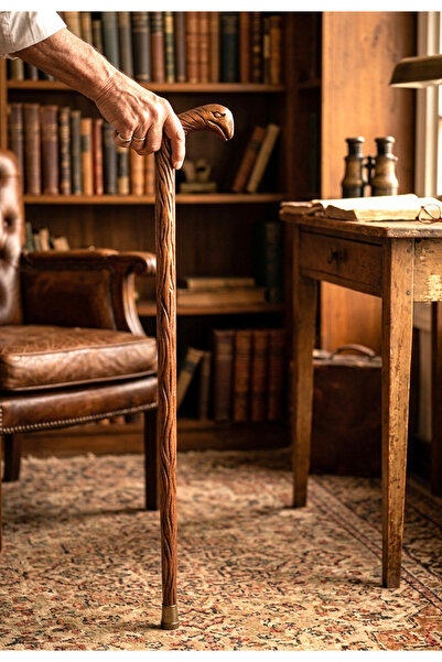 aslanoyma Çift Oymalı %100 El Oyması Ahşap Baston Ceviz Renk