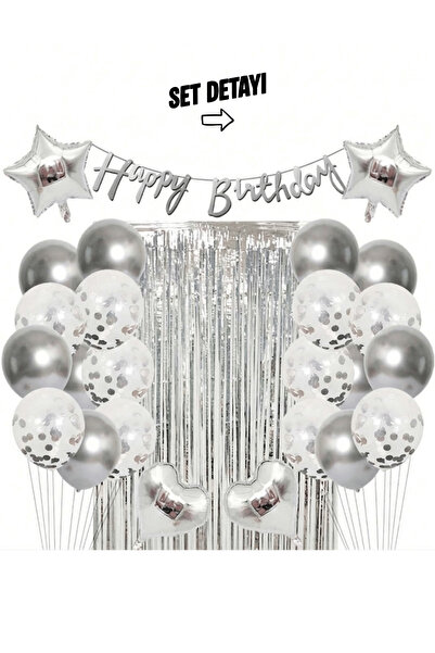 Bunloon Gümüş Doğum Günü Parti Süsleme Seti 27 Parça Banner Balon ve Arka Pla...