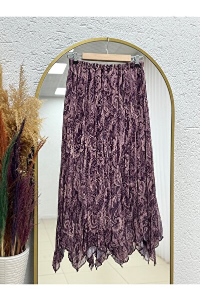 MİHRA STORE Reyhan Ασύμμετρη Φούστα Σιφόν με Έθνικ Σχέδιο-FA1077 Δαμασκηνί