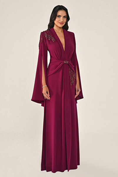 ALFABETA A long crepe dress embroidered with beads, with a V-neck and lined s...