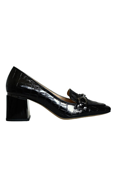 Platin Black Crocodile Leather Women's Heeled Shoes