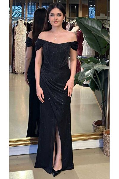 Abiyeniall Siyah Düşük Kollu Anvelop Yırtmaçlı Düz Kesim Simli Uzun Abiye Elb...