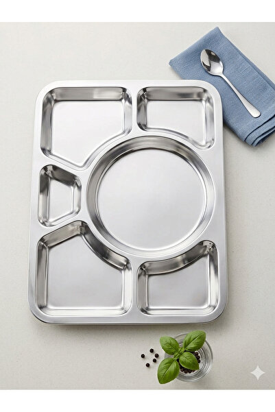 B & S B&S Stainless Steel Divided Tray 2pcs – 6 Compartment Food Serving Plat...