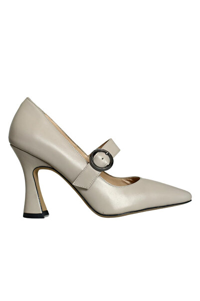 Platin Beige Leather Women's Heeled Shoes