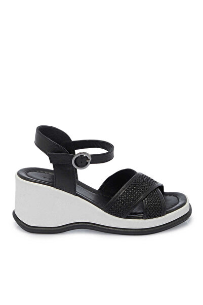 Tergan Siyah Hasır - Deri Kadın Sandalet - K25Y1SN68055-A23