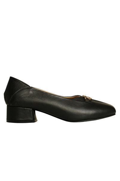 Platin Black Leather women Buckled Heeled Shoes
