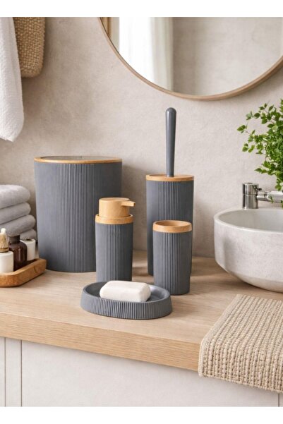 Store HGY Home Ahşap Detaylı Mina Antrasit 5'li Banyo Seti