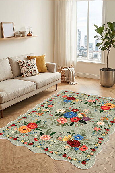 Decomia Home Dijital Kaymaz Yıkanabilir Renkli Etnik Retro Salon Halısı Mutfa...