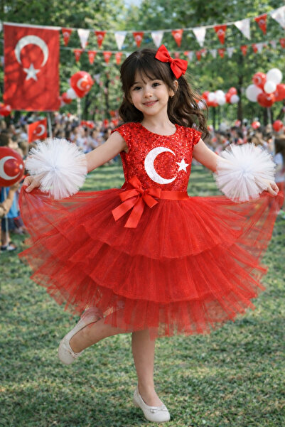 RUMİ KİDS Girl's Tulle Piece Show Dress with Red Pom-Poms April 23Rd