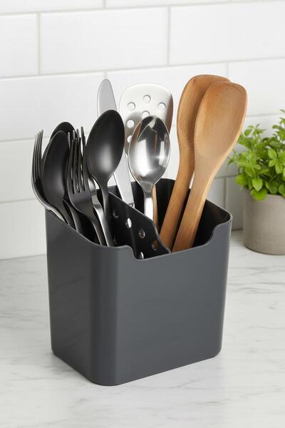 EWs Smoked 2-Compartment Countertop Spoon Holder & Functional Kitchen Organizer