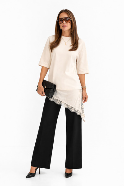 kikiriktekstil 10902 Women's Oversized Mold Skirt Hem Lace Detailed Cotton T-...