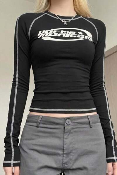 Köstebek Black Partie Monsters Y2K Long Sleeve Crop