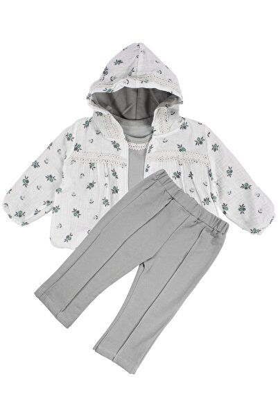 bebegen Baby Girl Ecru Green Floral Print Muslin Jacket 3-Piece Set