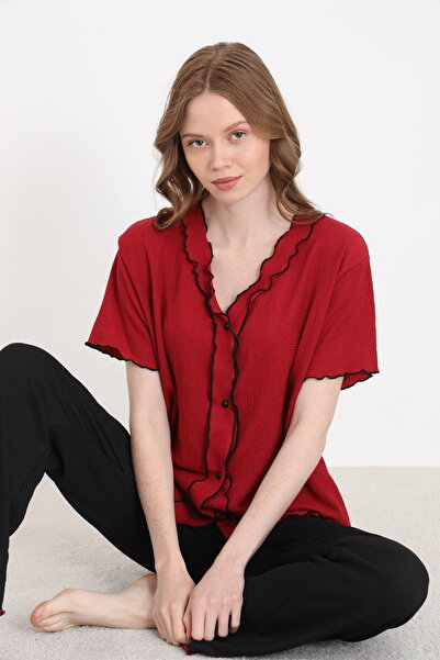 ELİTOL Bürümcük din material subțire Set de pijamale pentru femei cu mâneci s...