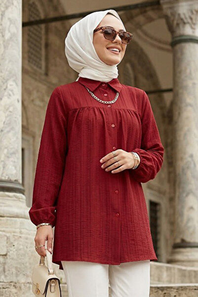 N.S NEVA STYLE Buttoned Burgundy Hijab Tunic 5377Br