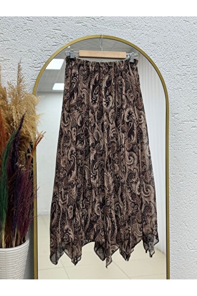 MİHRA STORE Reyhan Ethnic Pattern Ασύμμετρη Φούστα Σιφόν-FA1077 Βιζόν