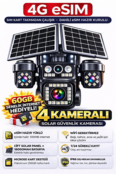 Ecocam 4 Kameralı 4G E-SIM Kartlı Güneş Enerjili Güvenlik Kamerası Çift Solar...