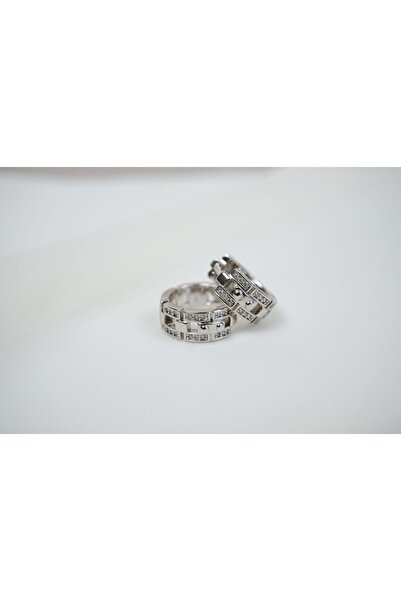 ATELİER TUĞBA Kp292 Square Patterned Stone Silver Minimal Hoop Earrings (Diam...