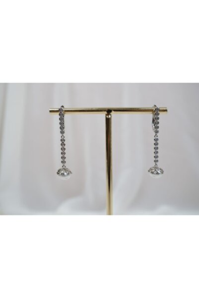 ATELİER TUĞBA Kp296 Long Chain Stone and Pearl End Dangle Earrings Silver (Le...